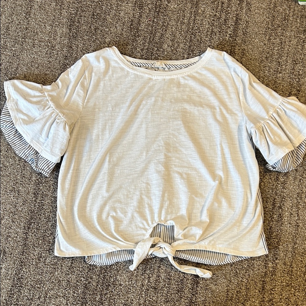 Hem & Thread White Ruffle Sleeve Blouse with Tie Front